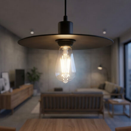 Gros plan sur une ampoule LED de style Edison allumée, suspendue dans un salon moderne avec vue sur la ville au crépuscule.