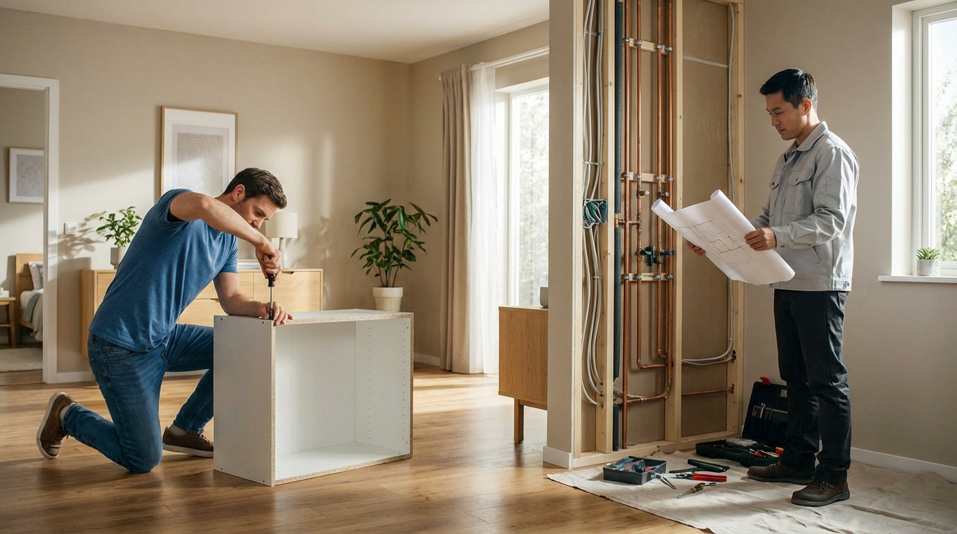 Deux hommes réalisant des travaux DIY. L'un assemble un meuble, l'autre consulte des plans près d'un mur avec plomberie apparente.