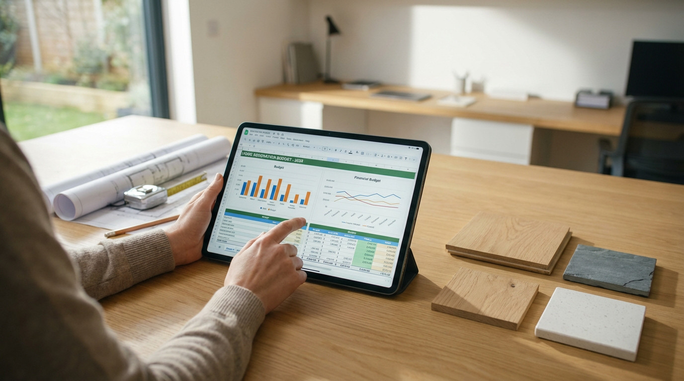 Personne évaluant un budget de rénovation maison sur tablette, avec plans, mètre et échantillons de matériaux sur une table en bois.