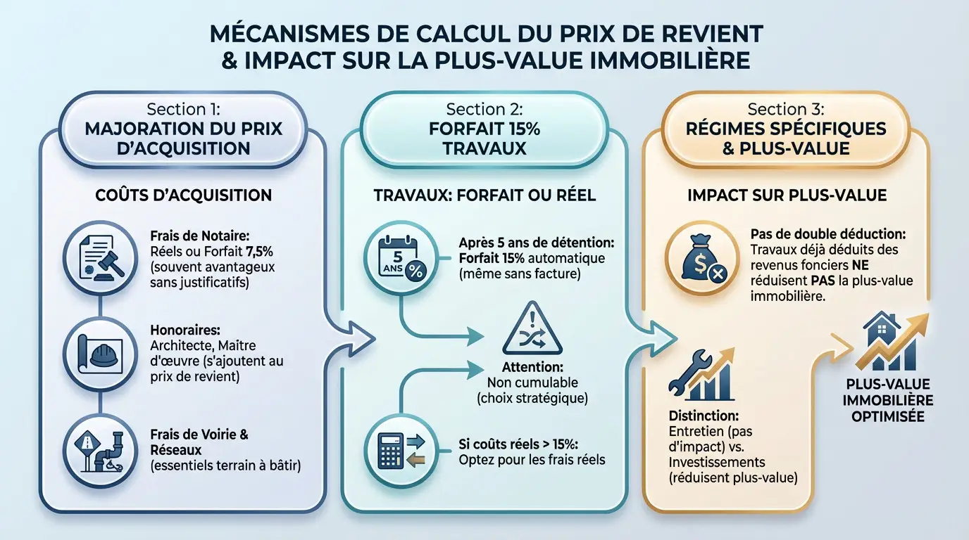 Graphique expliquant l'impact des travaux et des frais d'acquisition sur le calcul de la plus-value immobilière
