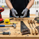 Mains gantées devant un établi avec perceuse, ponceuse, marteaux, scie, clés et outils de mesure variés.
