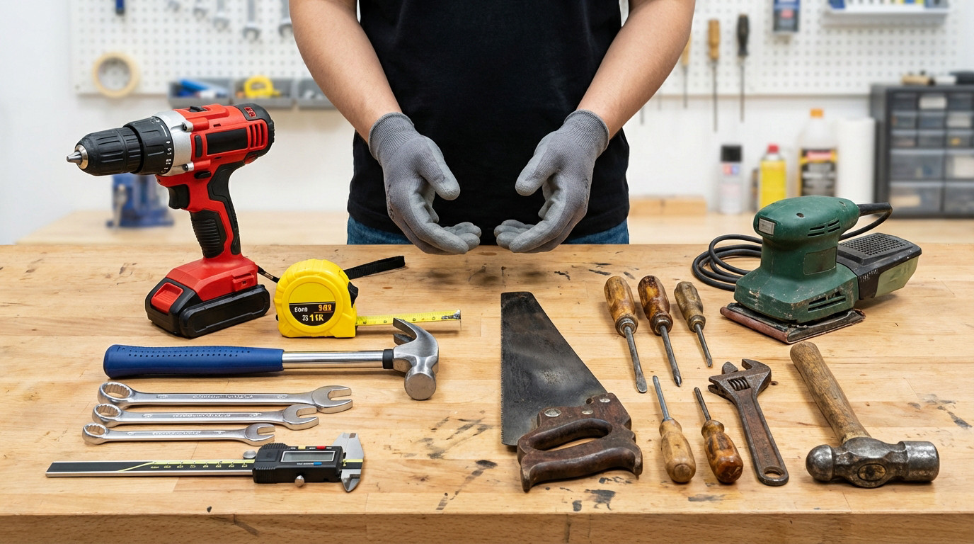 Mains gantées devant un établi avec perceuse, ponceuse, marteaux, scie, clés et outils de mesure variés.