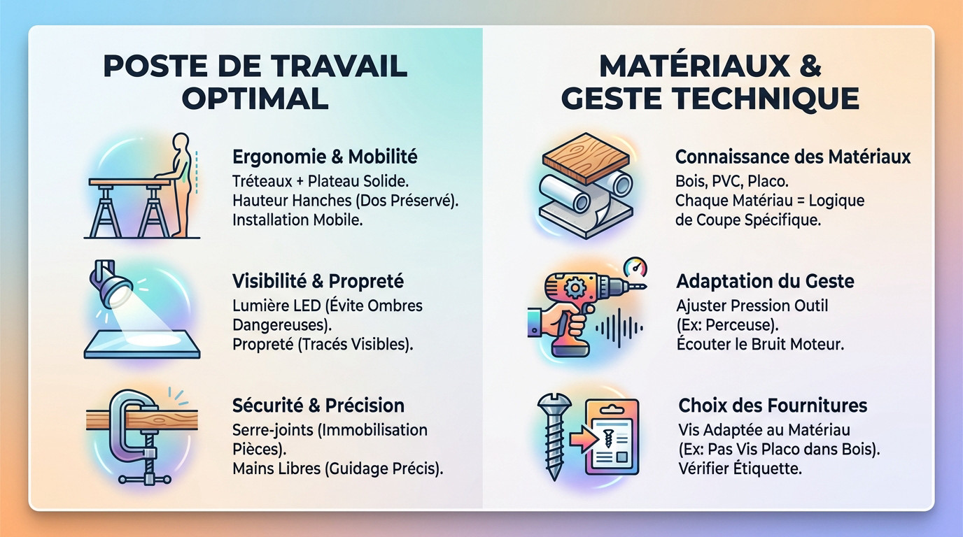 Aménagement d'un poste de travail de bricolage avec tréteaux et outils