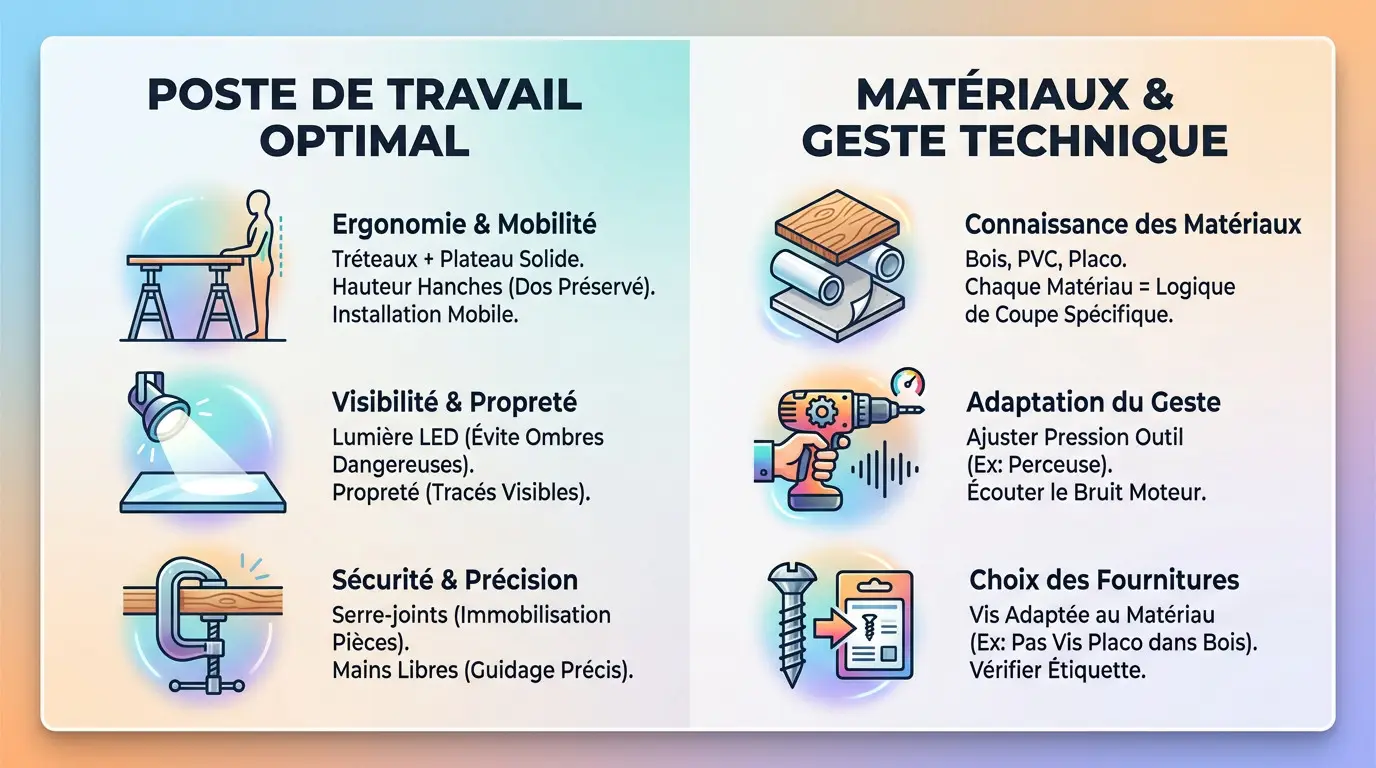 Aménagement d'un poste de travail de bricolage avec tréteaux et outils
