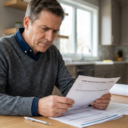 Un homme d'âge mûr lit un contrat de rénovation à domicile. Son visage exprime la concentration, avec des plans et un mètre ruban sur la table.