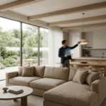 Homme présentant un projet de maison en hologramme sur tablette dans un salon-cuisine moderne et lumineux.