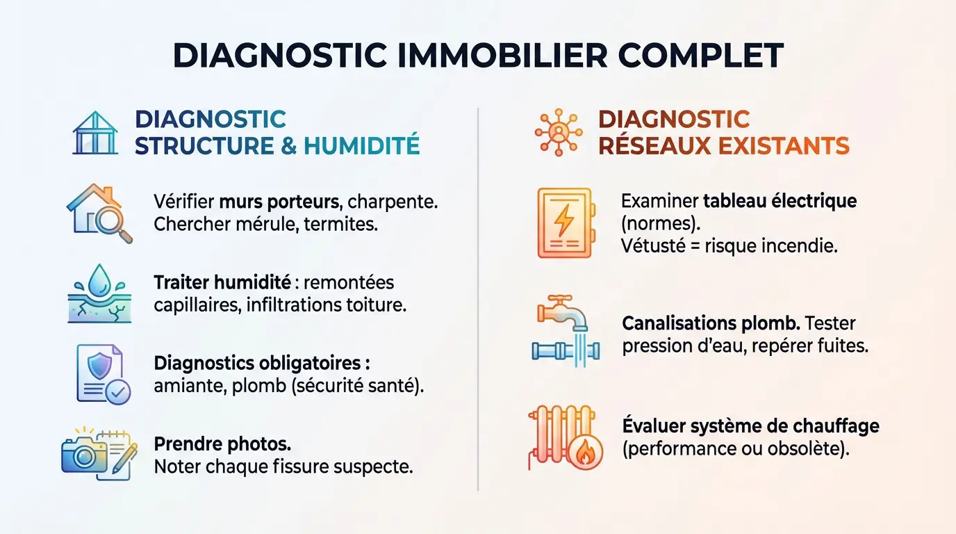Technicien expert réalisant un diagnostic immobilier complet pour préparer des travaux de rénovation