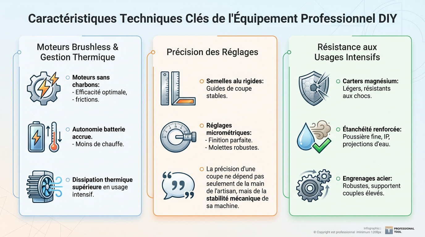 Détails techniques des moteurs brushless et de la précision mécanique de l'outillage professionnel