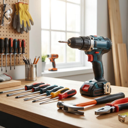 Établi de bricolage avec perceuse-visseuse, tournevis, marteau, pinces, mètre et outils sur panneau perforé.