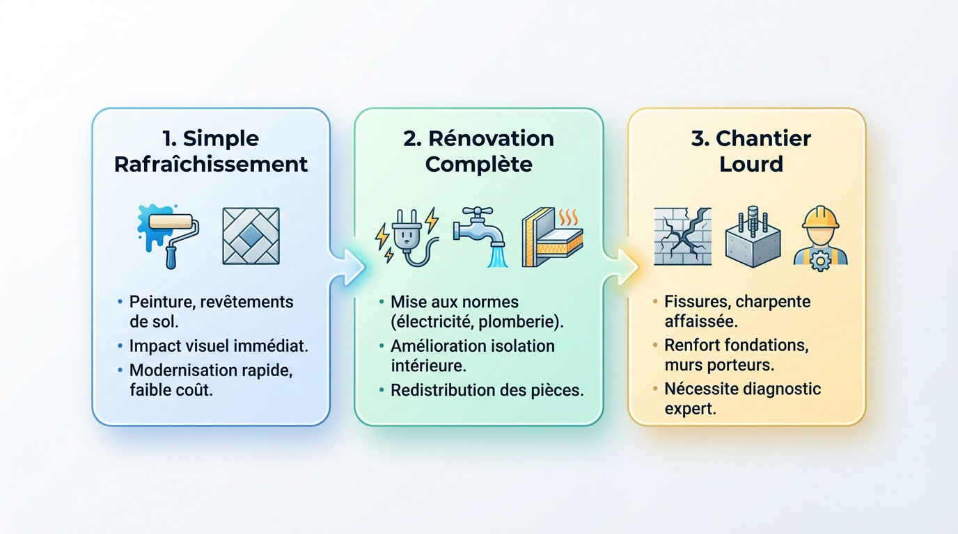 Les différents types de travaux de rénovation dans une maison, du rafraîchissement au chantier lourd