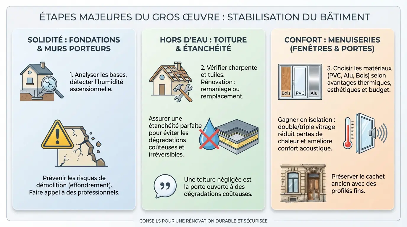 Travaux de gros œuvre pour stabiliser la structure d'une maison