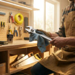 Un bricoleur en tablier nettoie une clé à molette avec un chiffon. L'atelier est organisé avec des outils sur un panneau perforé.
