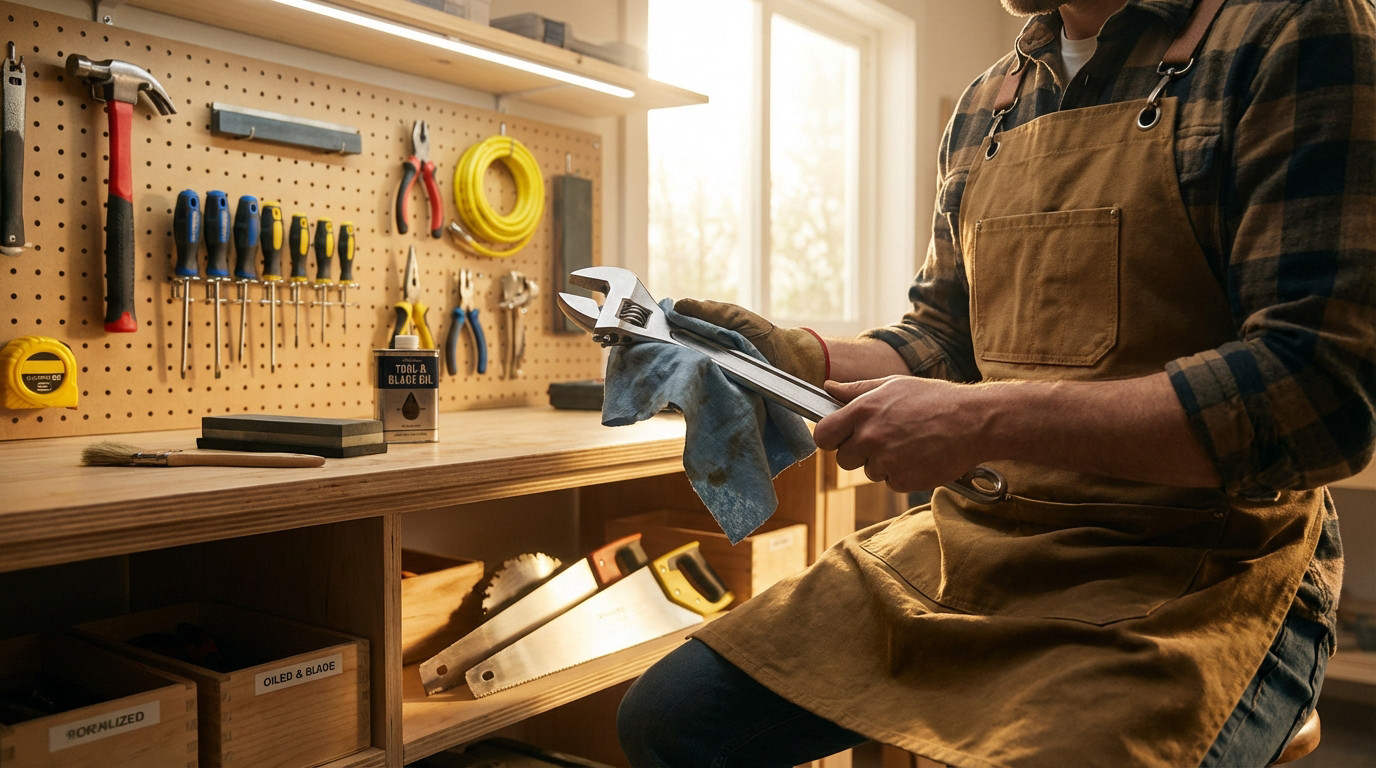 Un bricoleur en tablier nettoie une clé à molette avec un chiffon. L'atelier est organisé avec des outils sur un panneau perforé.
