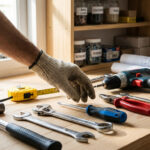 Une main gantée sélectionne des outils de bricolage (marteau, mètre, perceuse sans fil, clés) sur un établi en bois près de plans.