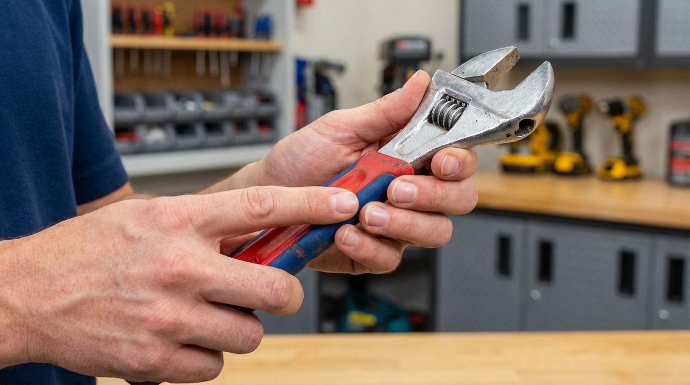Outillage pas cher : s’équiper sans sacrifier la qualité Main d'un bricoleur tenant une clé à molette à manche rouge et bleu, dans un atelier avec des outils en arrière-plan.