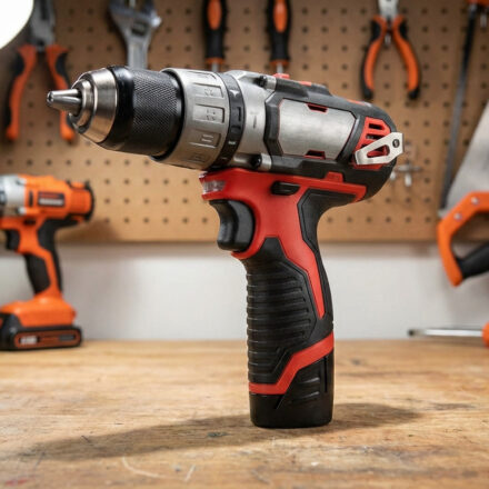 Une perceuse-visseuse sans fil rouge et noire est posée sur un établi en bois, avec des outils de bricolage en arrière-plan.