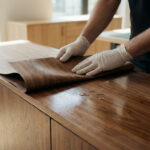 Personne en gants blancs manipulant un rouleau de placage bois foncé sur un meuble. Des gouttes d'eau sont visibles sur la surface.