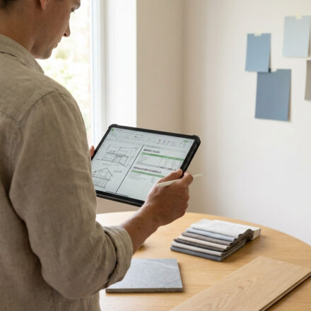 Un homme consulte des plans de rénovation et un budget sur une tablette, entouré d'échantillons de matériaux et de couleurs.