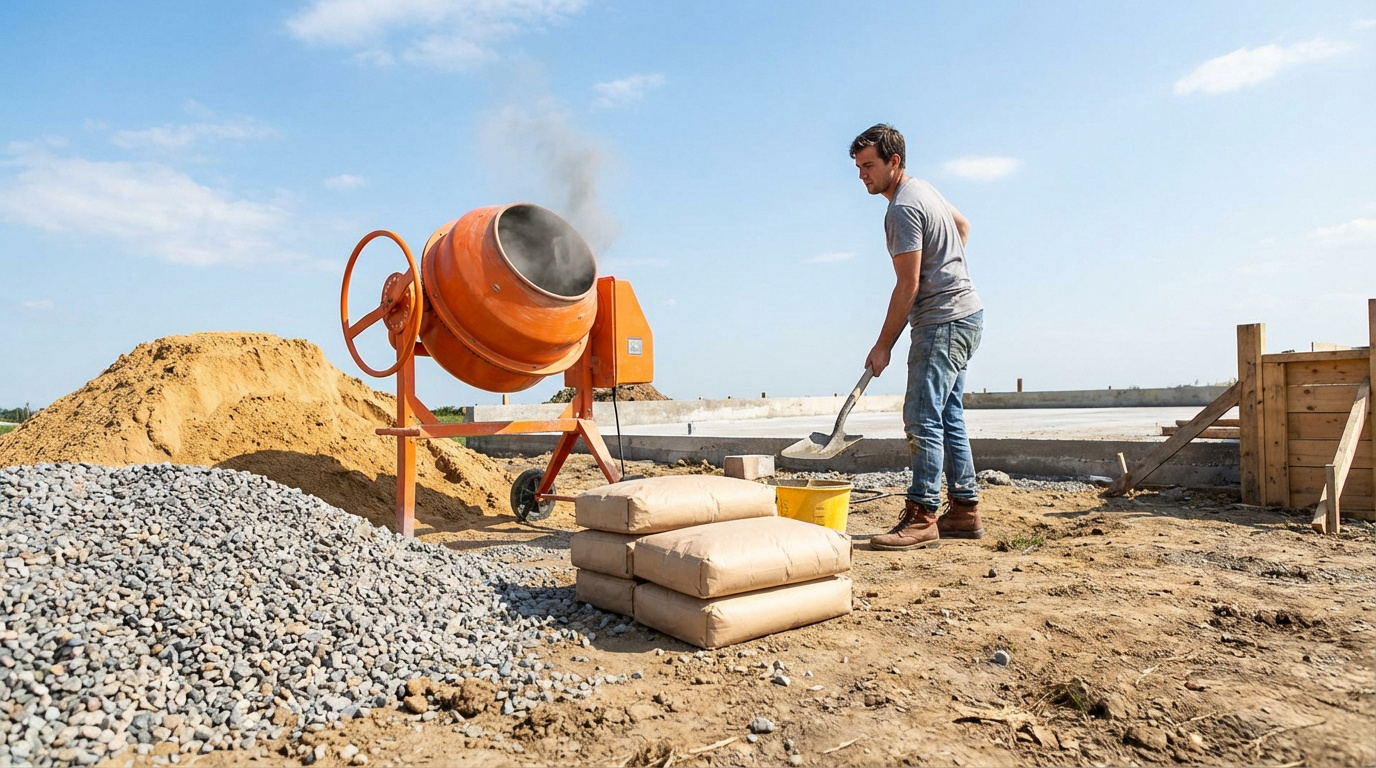 Un homme charge une bétonnière orange avec une pelle sur un chantier, entouré de sable, gravier et sacs de ciment sous un ciel bleu.