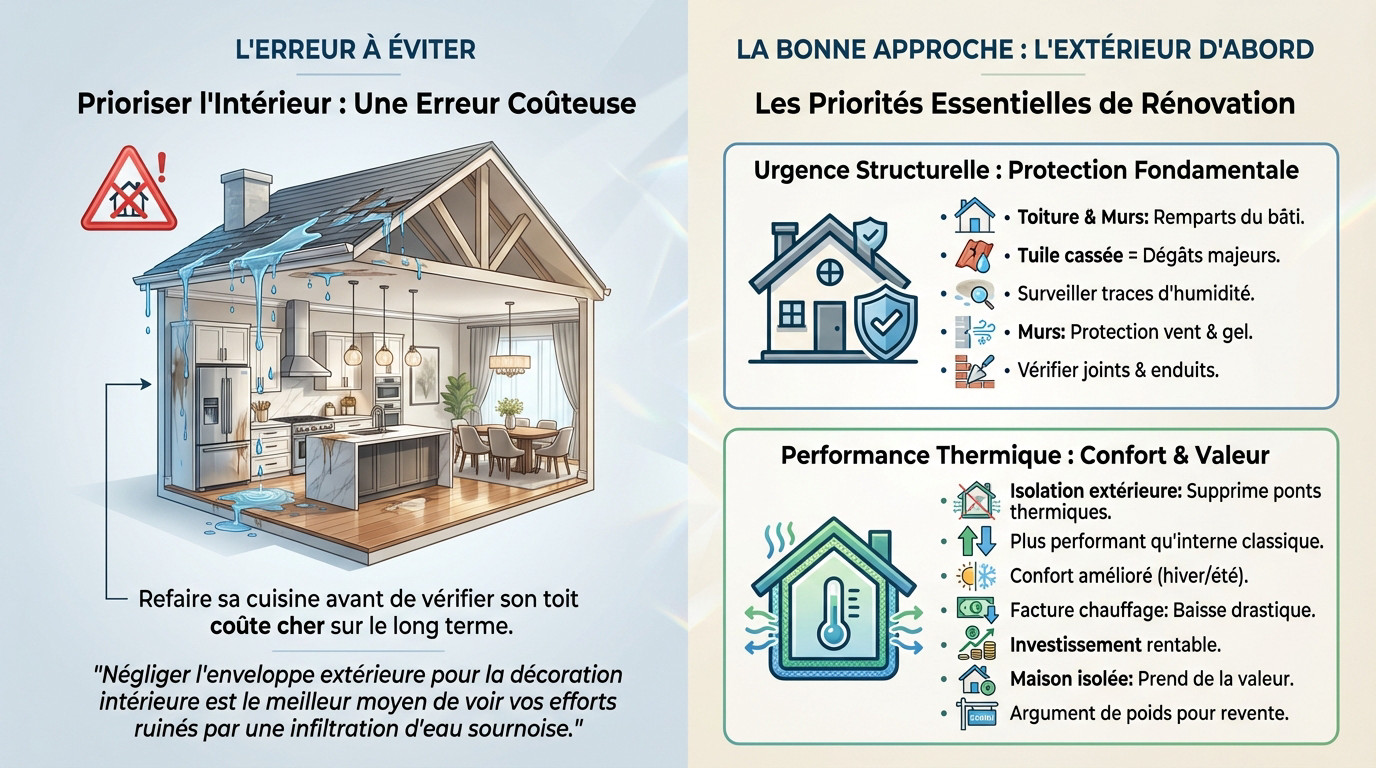 Priorités de rénovation entre l'extérieur et l'intérieur d'une maison