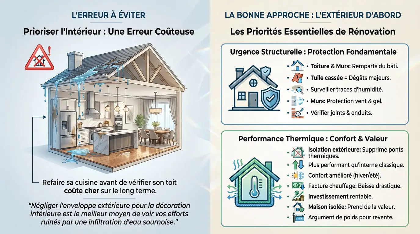 Priorités de rénovation entre l'extérieur et l'intérieur d'une maison