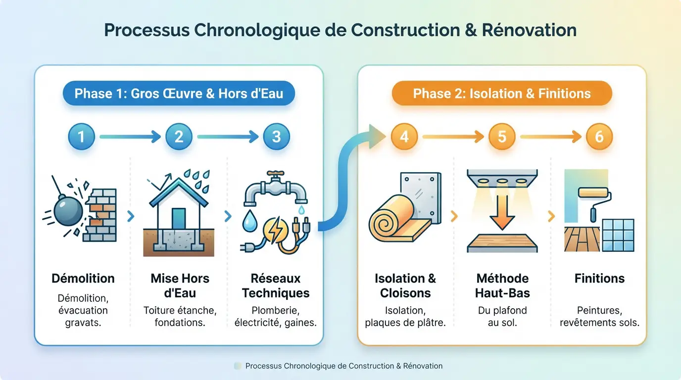 Schéma des étapes techniques de la rénovation thermique et structurelle d'une habitation