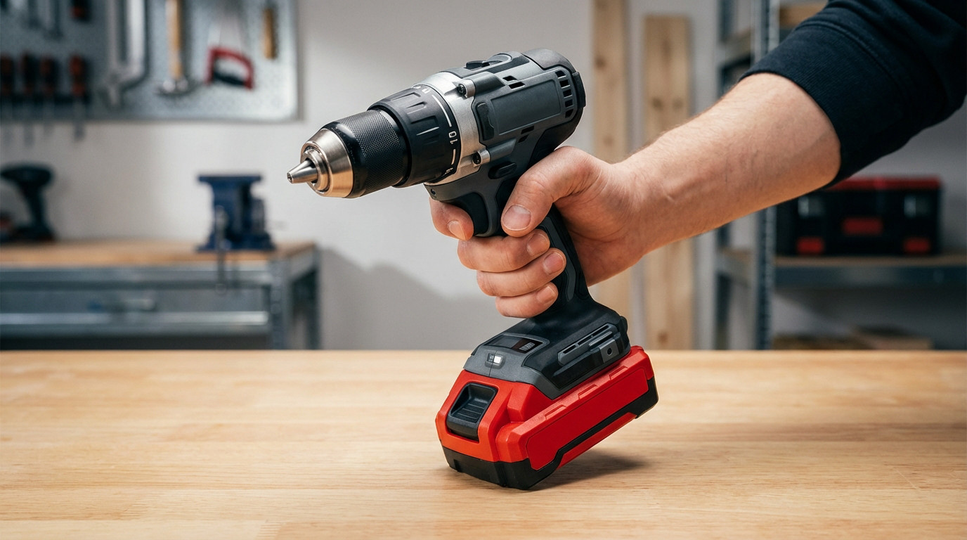 Une main tient une perceuse-visseuse sans fil noire et grise avec batterie rouge, posée sur un établi en bois dans un atelier bien rangé.
