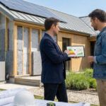 Deux hommes discutent devant une maison en rénovation énergétique. L'un présente un diagnostic de performance sur tablette.