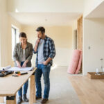 Couple examinant des plans sur une table d'architecte dans une maison en rénovation, avec outils, isolant et nouveau parquet.