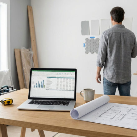 Homme évaluant échantillons de peinture et carreaux dans une pièce rénovée. Ordinateur portable avec budget et plans sur la table.
