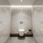 Toilettes modernes avec WC suspendu, murs et sol en carrelage gris clair marbré, éclairage LED intégré et étagère en bois.
