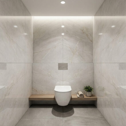 Pourquoi choisir le carrelage pour votre wc suspendu ? Toilettes modernes avec WC suspendu, murs et sol en carrelage gris clair marbré, éclairage LED intégré et étagère en bois.