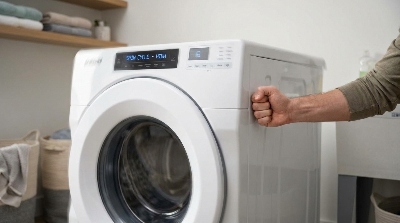 Bruit de marteau-piqueur : réparez votre machine à laver Une main ferme tente de stabiliser une machine à laver Samsung blanche en plein cycle d'essorage intensif, affichant "SPIN CYCLE - HIGH".
