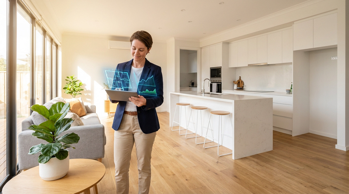 Femme dans un intérieur moderne regardant un plan immobilier et des graphiques financiers projetés depuis sa tablette.