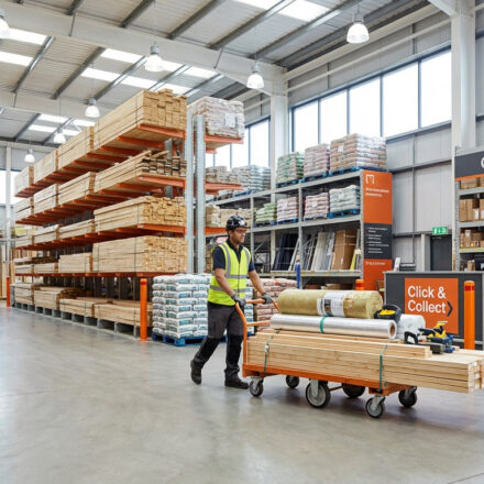 Magasin de bricolage spacieux avec rayonnages de bois, sacs de matériaux, un employé poussant un chariot, et un comptoir Click & Collect.