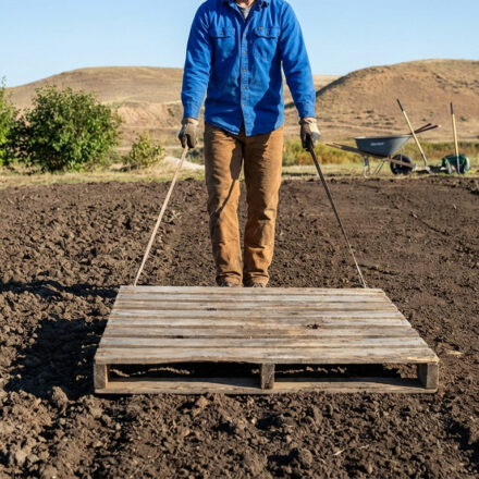 Un jardinier nivelle un terrain labouré avec une palette en bois tirée par des cordes. Fond de collines et brouette visible.