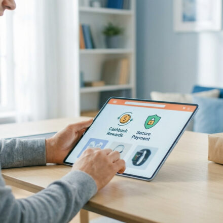 Homme souriant naviguant sur une tablette. L'écran affiche des récompenses de cashback et un paiement sécurisé.