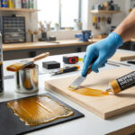 Mains gantées appliquant de la colle néoprène sur bois, avec colle spray et divers outils de bricolage dans un atelier.