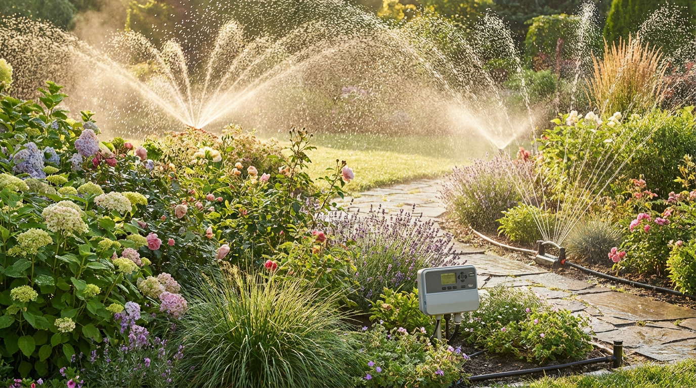 Jardin fleuri avec plusieurs arroseurs automatiques en action, baigné par la lumière dorée du matin. Un programmateur est visible.