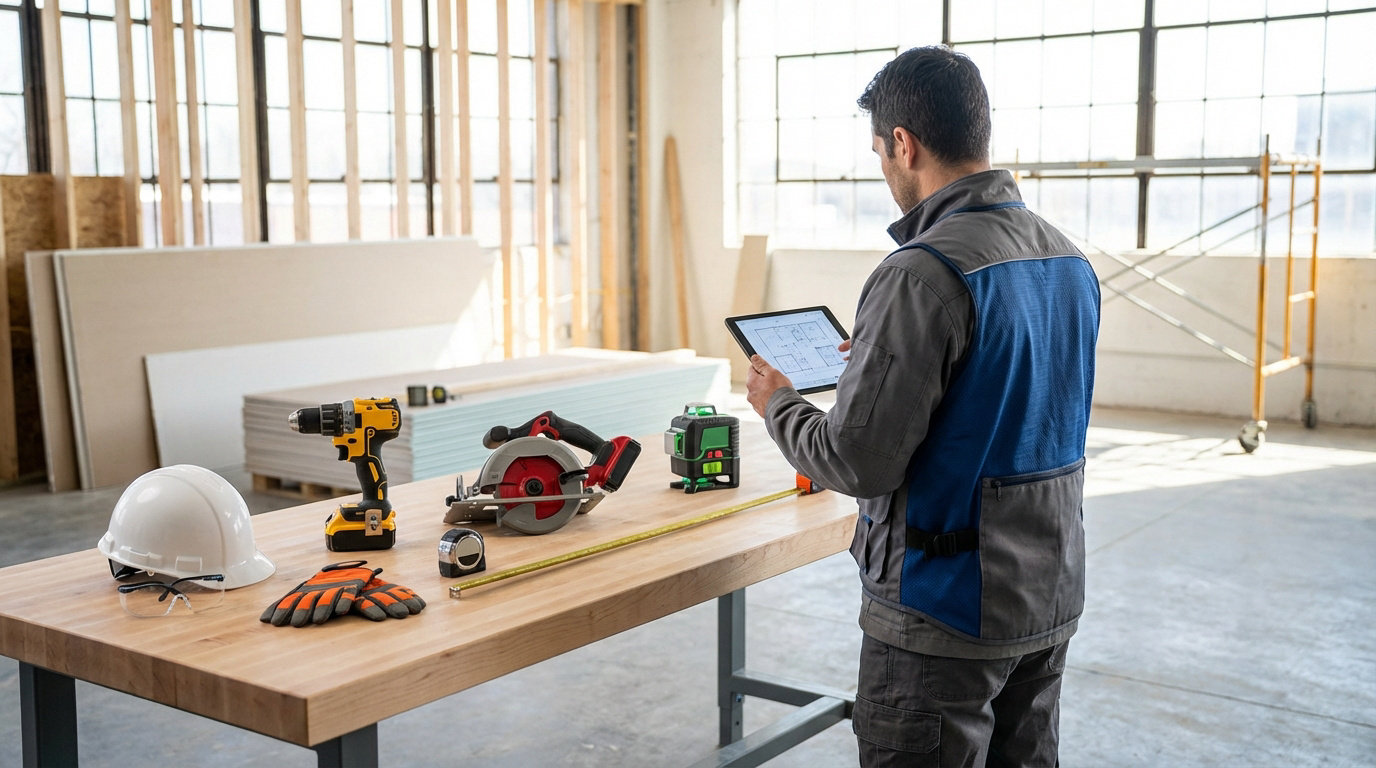 Entrepreneur sur chantier consulte des plans sur tablette, entouré d'outils professionnels et de matériaux de construction.