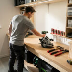 Avis Brico Dépôt : que valent les produits en 2026 ? Un homme assemble une cabane à oiseaux dans un atelier moderne et bien rangé, entouré d'outils et de rangements.