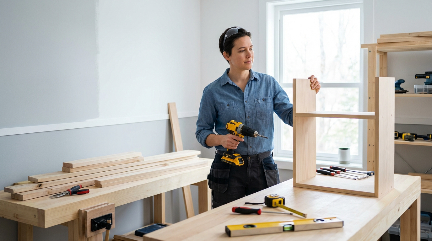 Conseils bricolage : nos astuces pour réussir vos travaux Femme bricoleuse avec lunettes de protection, assemblant un meuble en bois avec une perceuse sur un établi rempli d'outils.