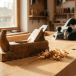 Un rabot manuel en bois et un rabot électrique sur un établi de menuisier avec des copeaux de bois, devant une fenêtre.