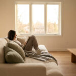 Femme sur canapé beige lisant un livre, couverture et tasse. Lumière du jour éclaire la pièce neutre avec fenêtre et table basse.