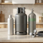 Trois bouteilles de gaz de modèles différents sur un comptoir de cuisine, avec détendeur et tuyau de raccordement.