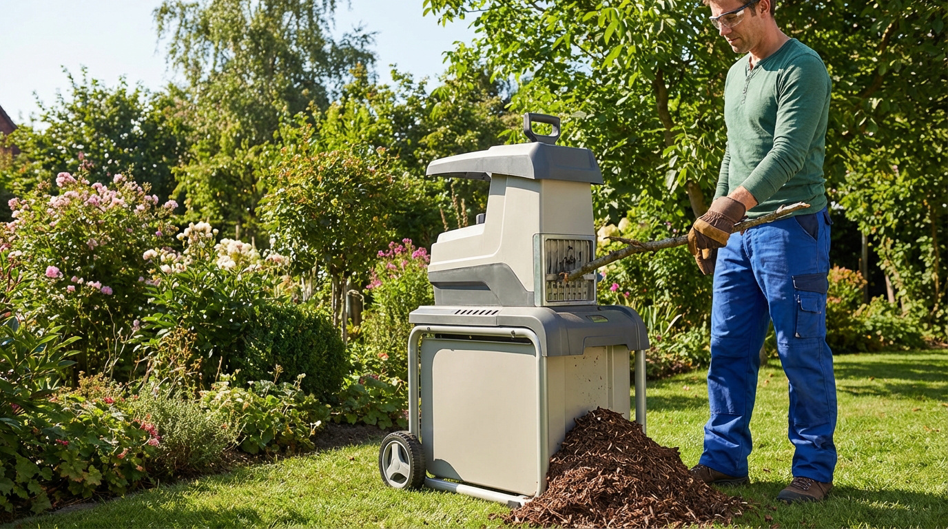 Bien choisir son broyeur de végétaux pour le jardin Un homme utilise un broyeur de végétaux dans un jardin ensoleillé, transformant une branche en paillis. Il porte des lunettes de protection et des gants.