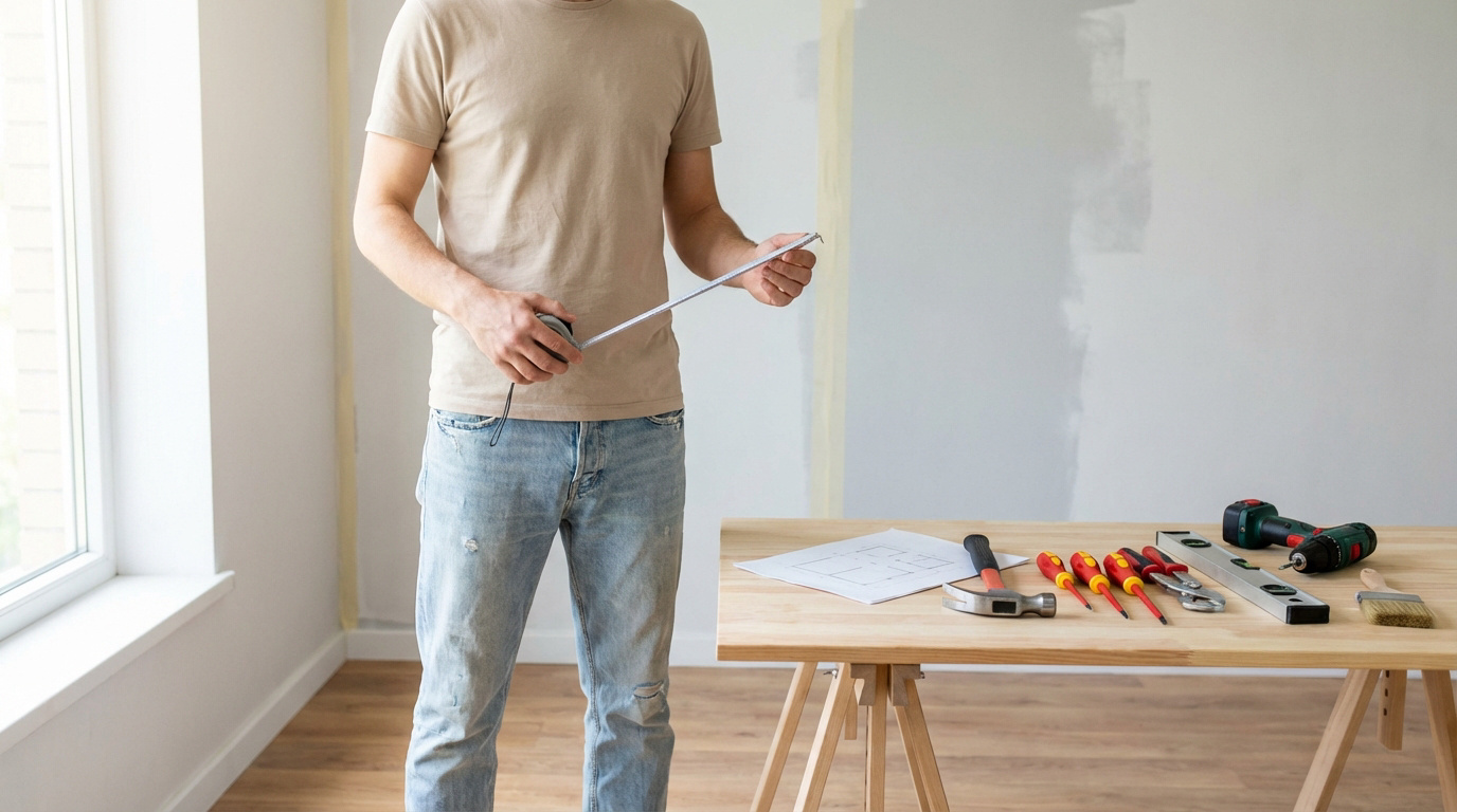 Un homme tient un mètre ruban dans une pièce en rénovation lumineuse. Sur une table, des outils de bricolage et un plan.
