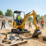 Chantier animé avec ouvriers, mini-pelle creusant, marteau-piqueur, cimentière et outils. Une maison est en construction.