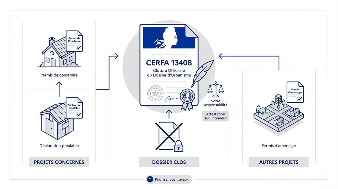 Formulaire Cerfa 13408 pour la clôture du dossier d'urbanisme