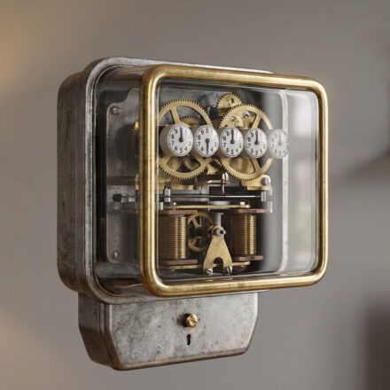 Gros plan sur un ancien compteur électrique mural avec des engrenages en laiton et des bobines de cuivre visibles à travers une vitre, dans un intérieur moderne.